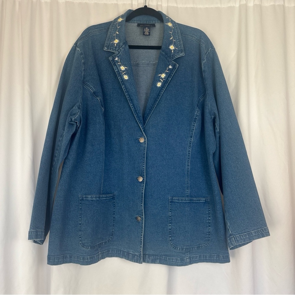 Vintage‎ Denim & Co. women’s 3x Floral Embroidered Blue Denim Blazer Jacket 90’s